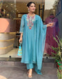 Mack for you Rayon Slab Straight Kurta with Pant & Dupatta Set Sky