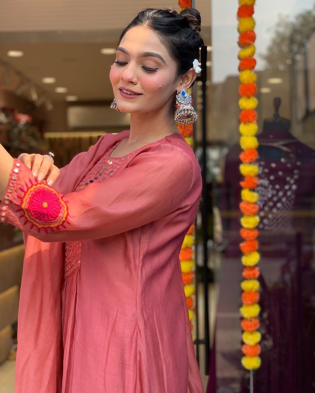 Mack for you Rayon Slab Anarkali Kurta with Pant & Dupatta Set Red Mirror Work