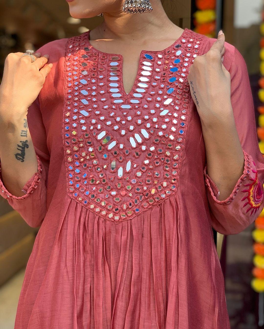 Mack for you Rayon Slab Anarkali Kurta with Pant & Dupatta Set Red Mirror Work