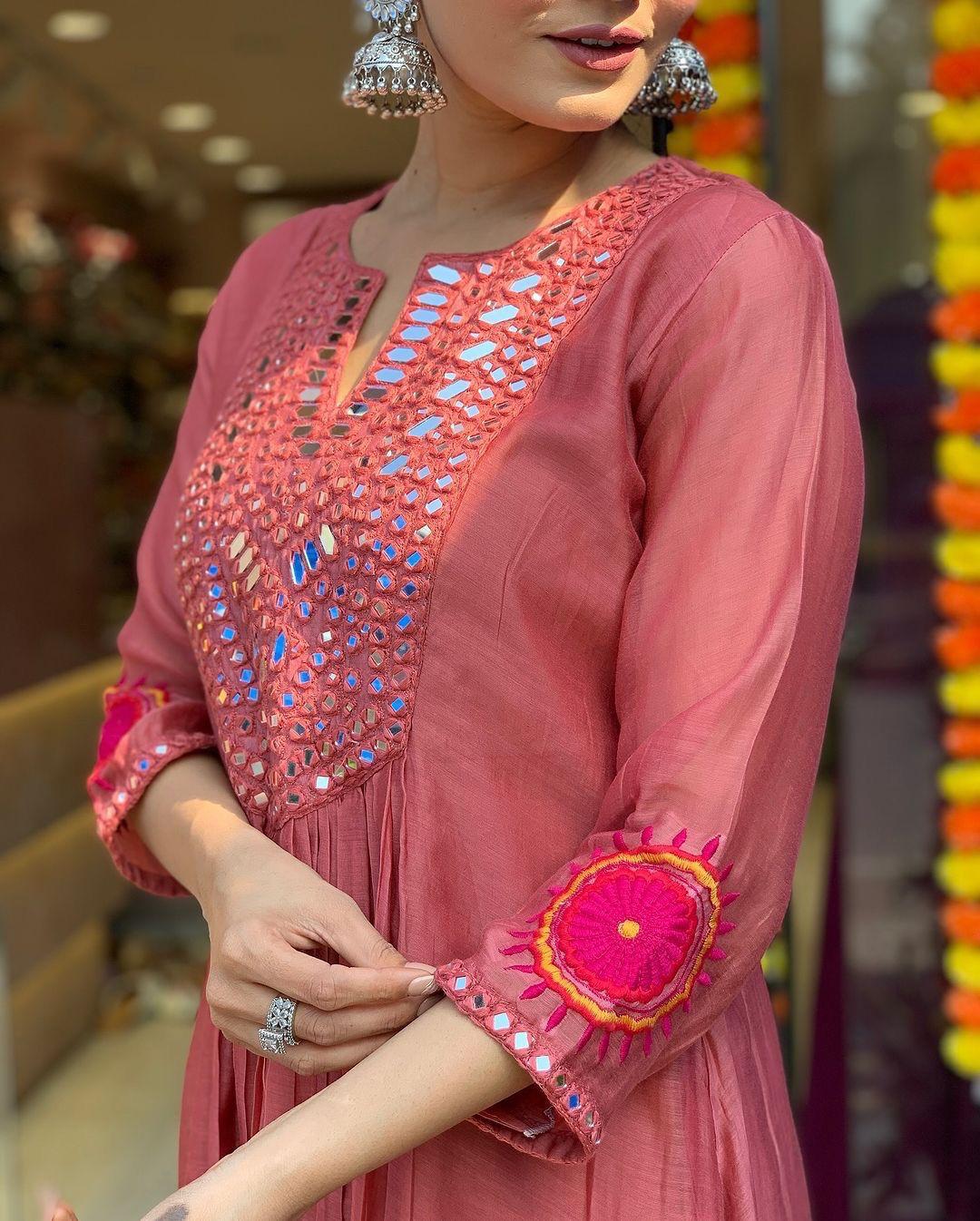 Mack for you Rayon Slab Anarkali Kurta with Pant & Dupatta Set Red Mirror Work