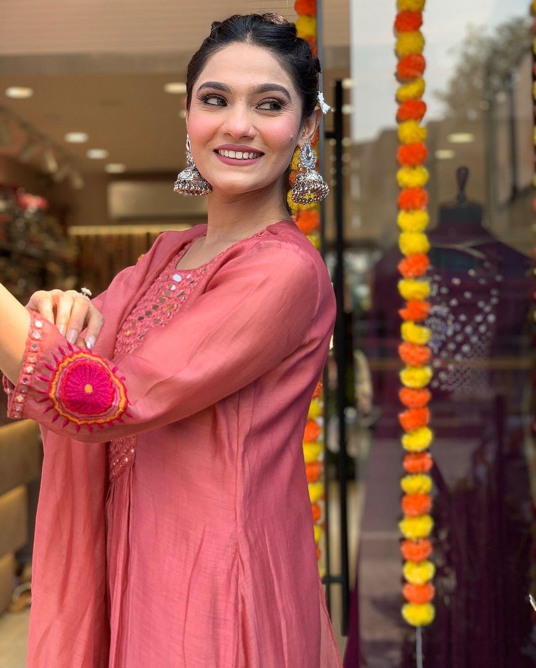 Mack for you Rayon Slab Anarkali Kurta with Pant & Dupatta Set Red Mirror Work