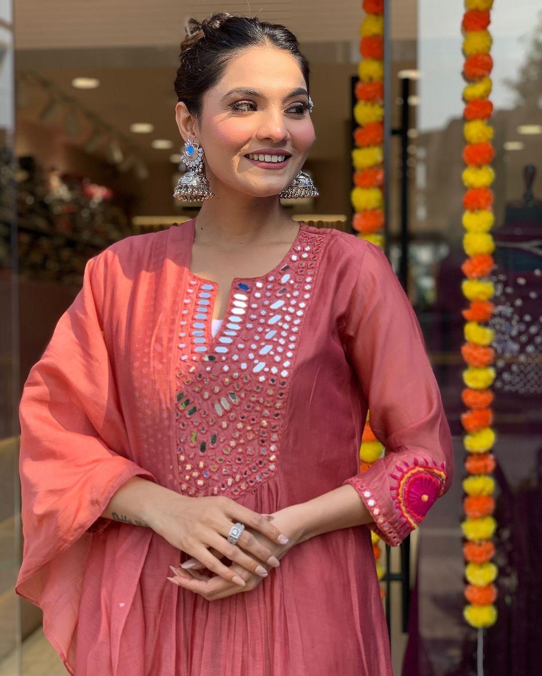 Mack for you Rayon Slab Anarkali Kurta with Pant & Dupatta Set Red Mirror Work