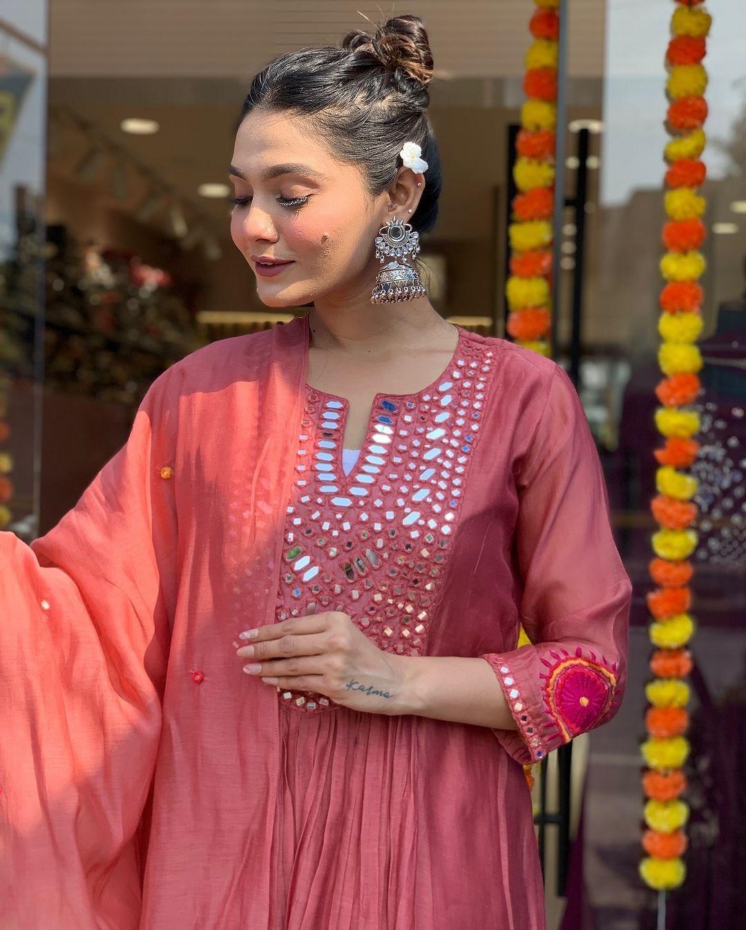 Mack for you Rayon Slab Anarkali Kurta with Pant & Dupatta Set Red Mirror Work