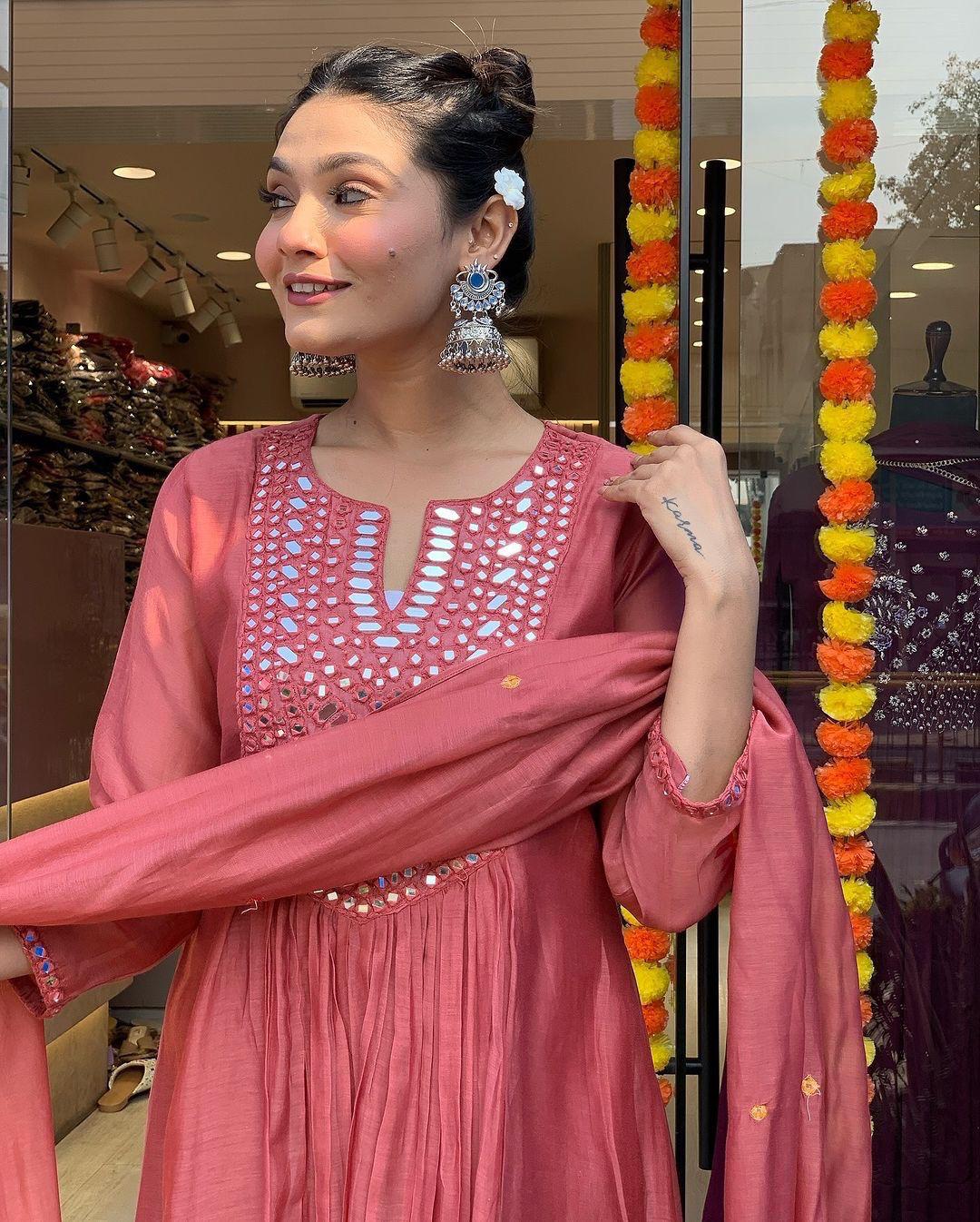 Mack for you Rayon Slab Anarkali Kurta with Pant & Dupatta Set Red Mirror Work