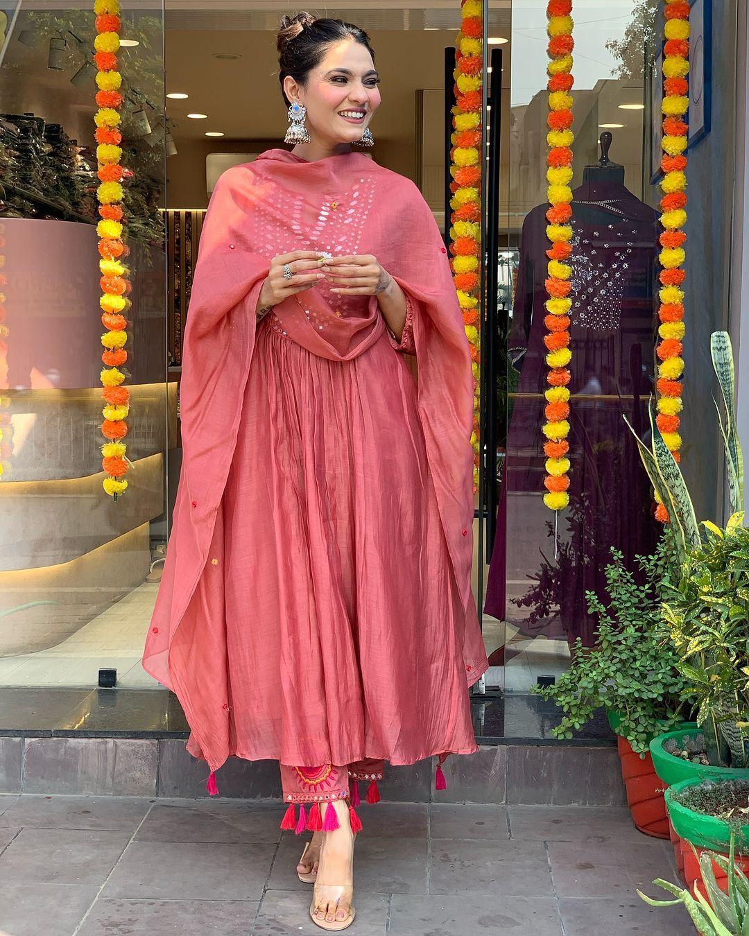 Mack for you Rayon Slab Anarkali Kurta with Pant & Dupatta Set Red Mirror Work