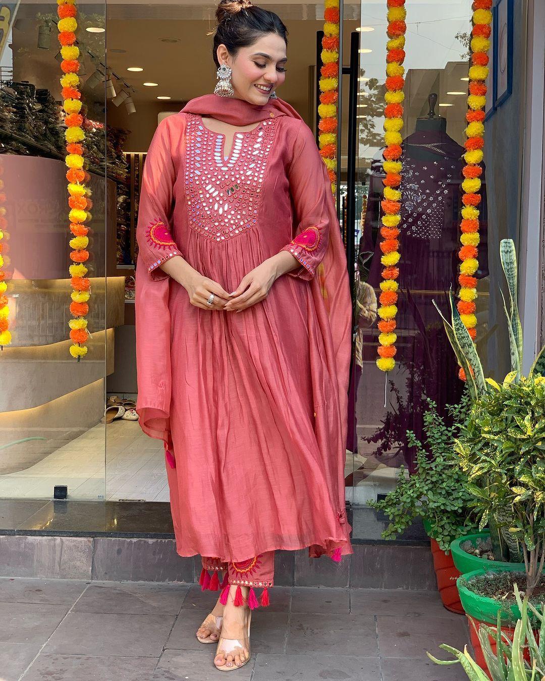 Mack for you Rayon Slab Anarkali Kurta with Pant & Dupatta Set Red Mirror Work