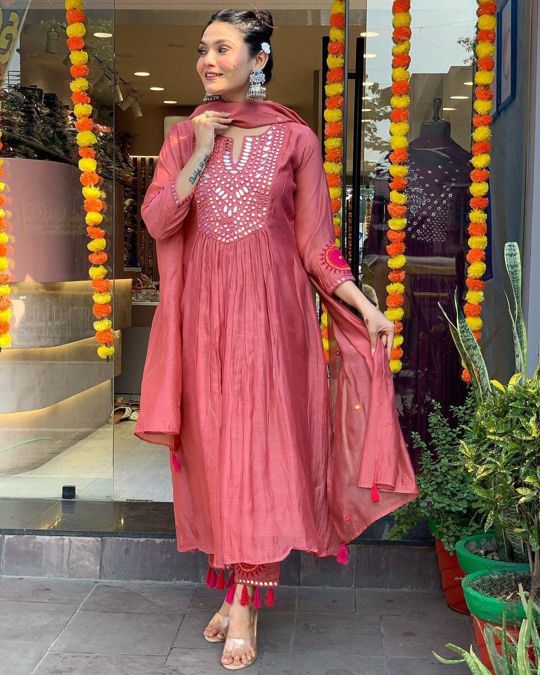 Mack for you Rayon Slab Anarkali Kurta with Pant & Dupatta Set Red Mirror Work