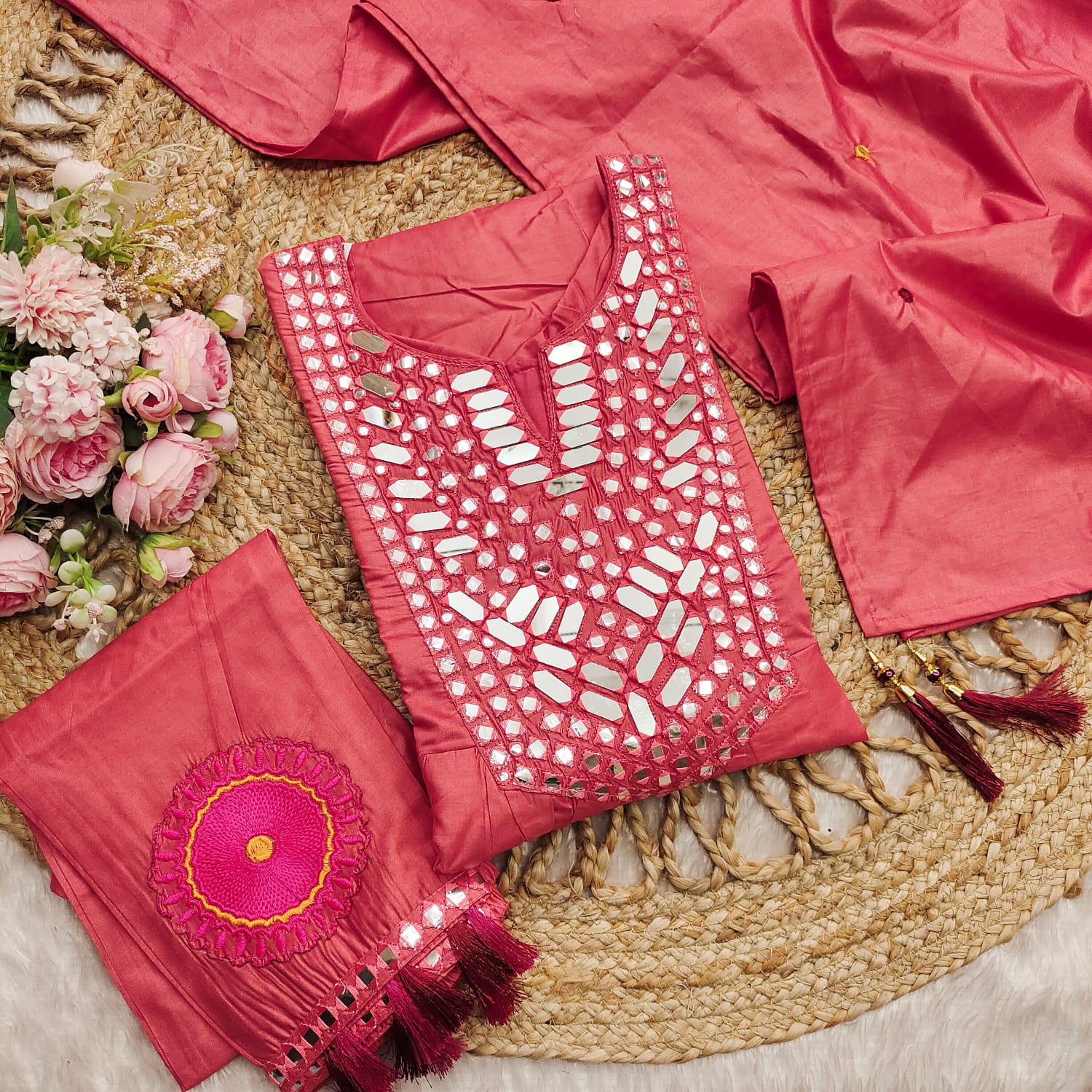 Mack for you Rayon Slab Anarkali Kurta with Pant & Dupatta Set Red Mirror Work