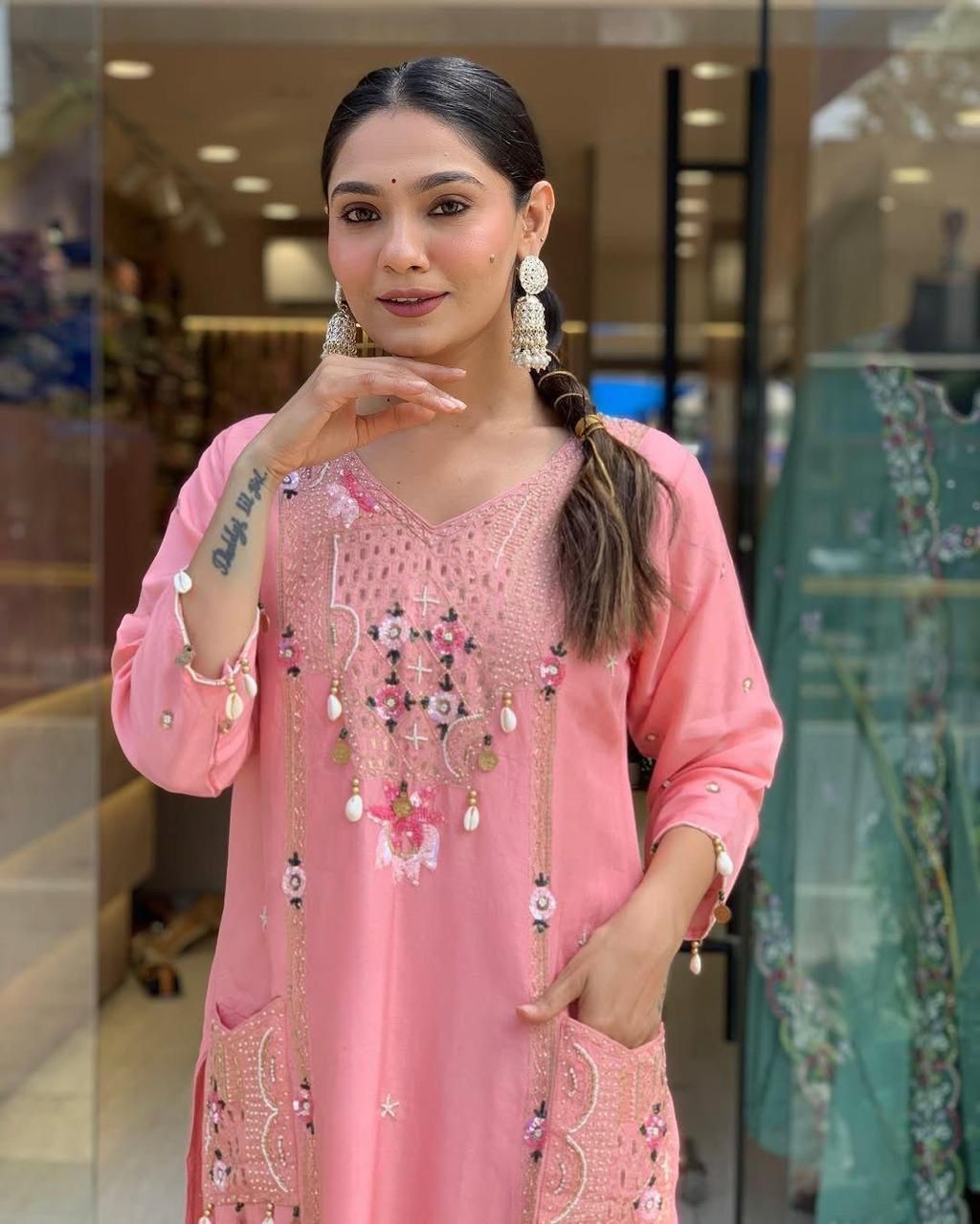 Mack for you Rayon Slab Straight Kurta with Pant & Dupatta Set Kodi Work