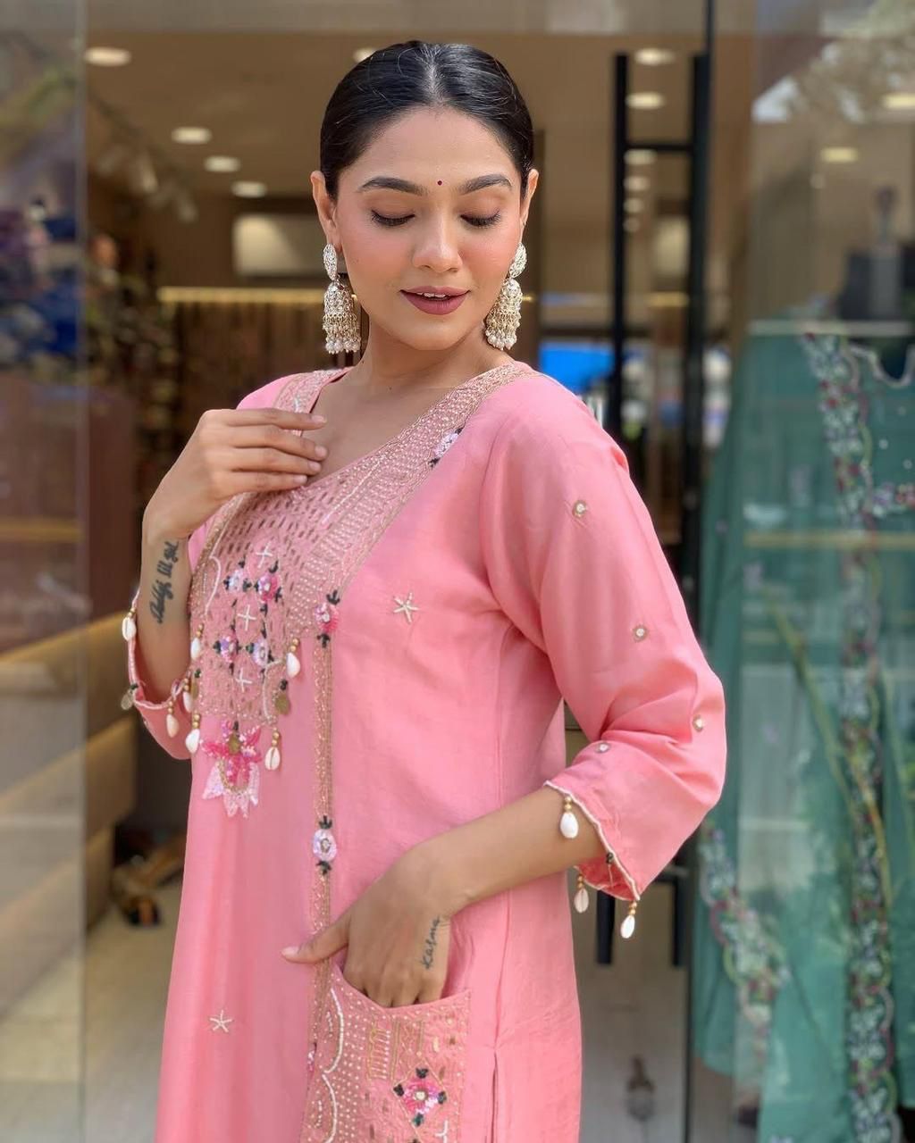 Mack for you Rayon Slab Straight Kurta with Pant & Dupatta Set Kodi Work