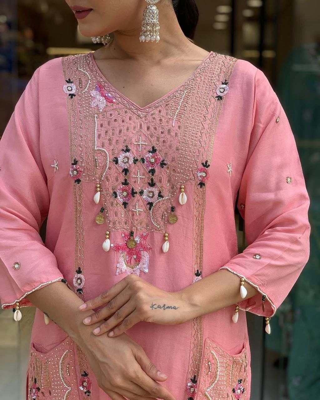 Mack for you Rayon Slab Straight Kurta with Pant & Dupatta Set Kodi Work