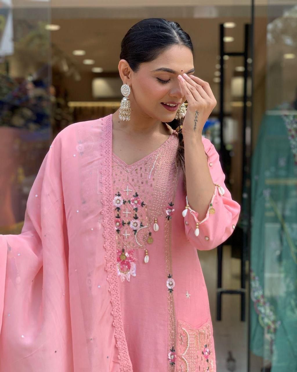 Mack for you Rayon Slab Straight Kurta with Pant & Dupatta Set Kodi Work