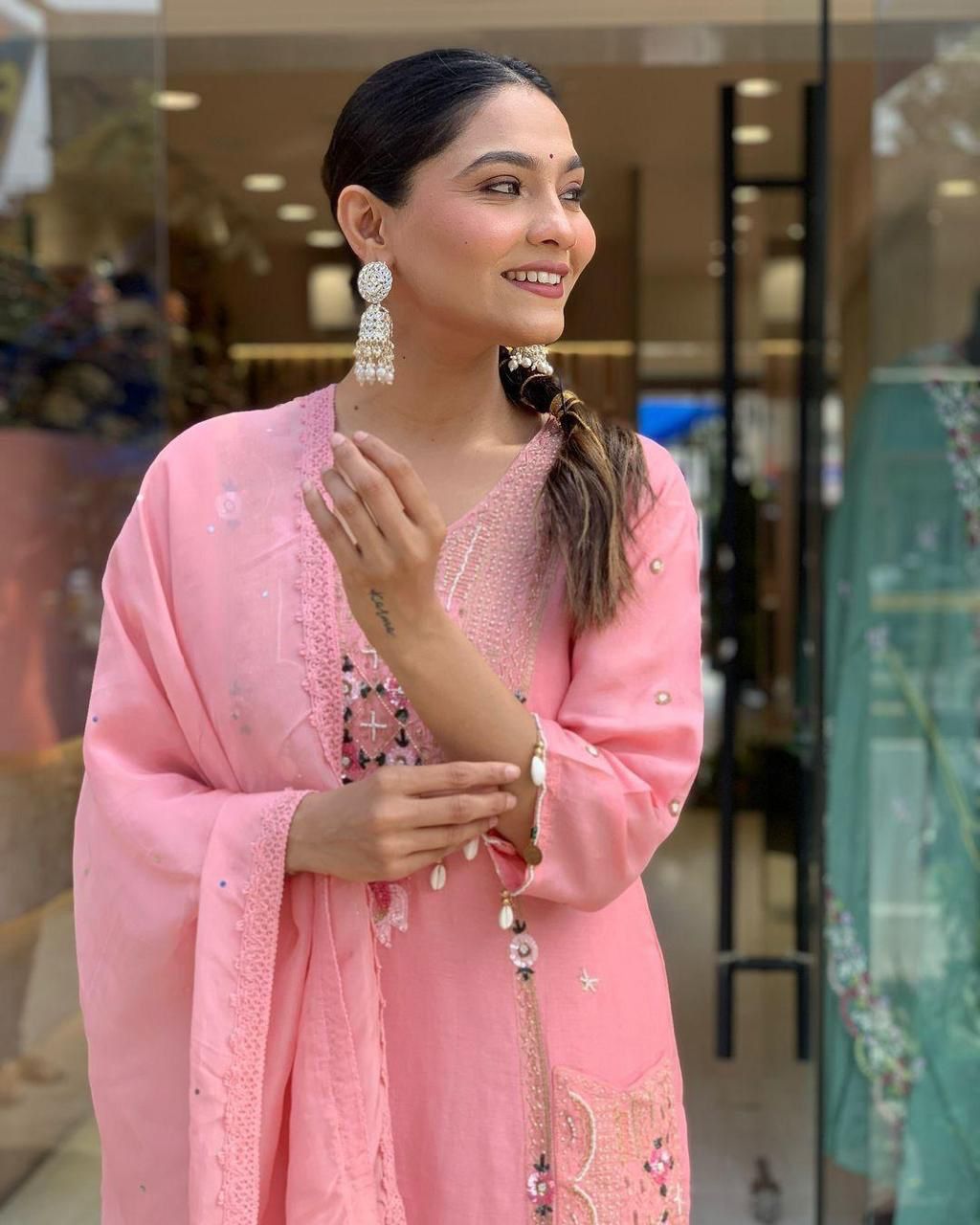 Mack for you Rayon Slab Straight Kurta with Pant & Dupatta Set Kodi Work