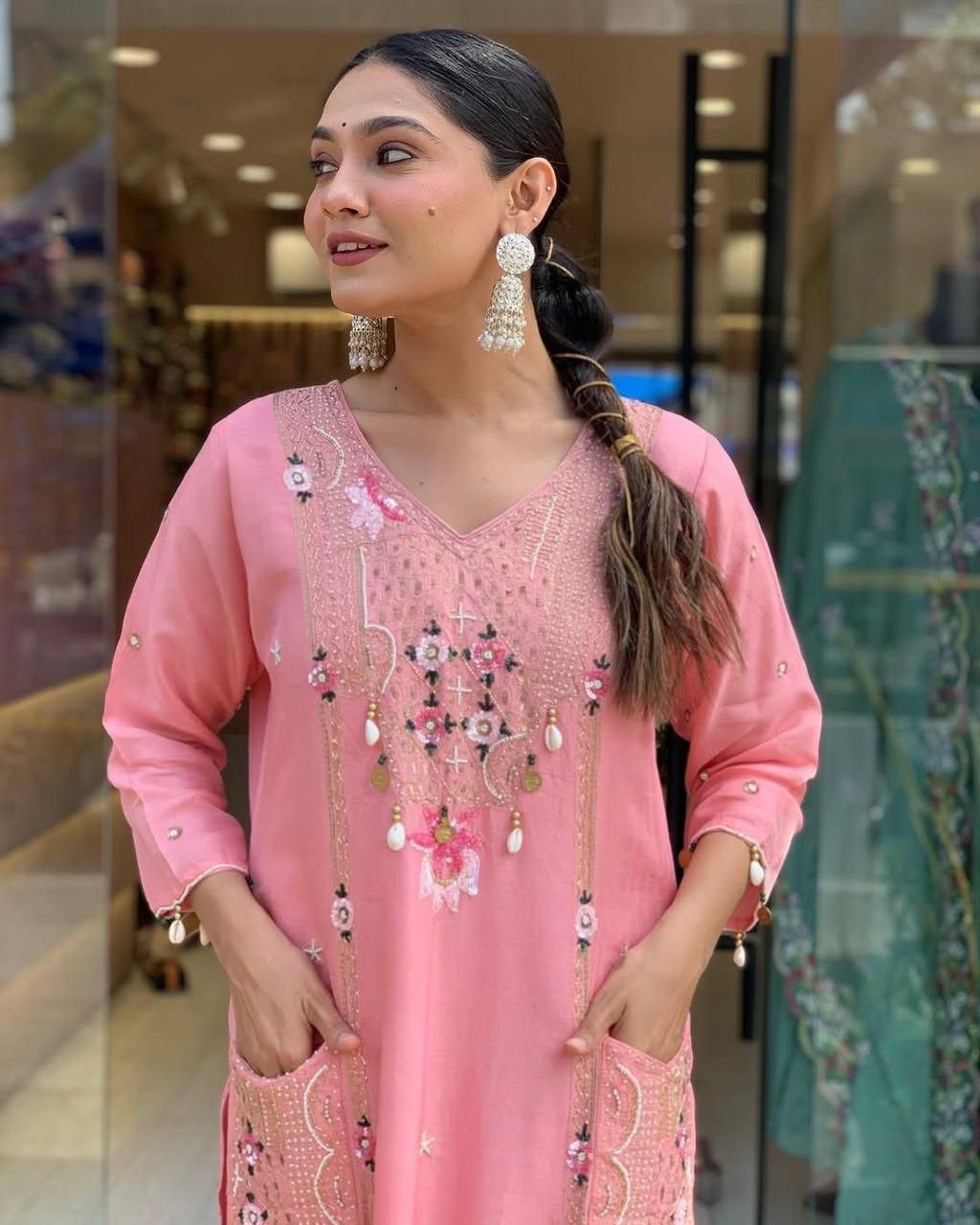 Mack for you Rayon Slab Straight Kurta with Pant & Dupatta Set Kodi Work