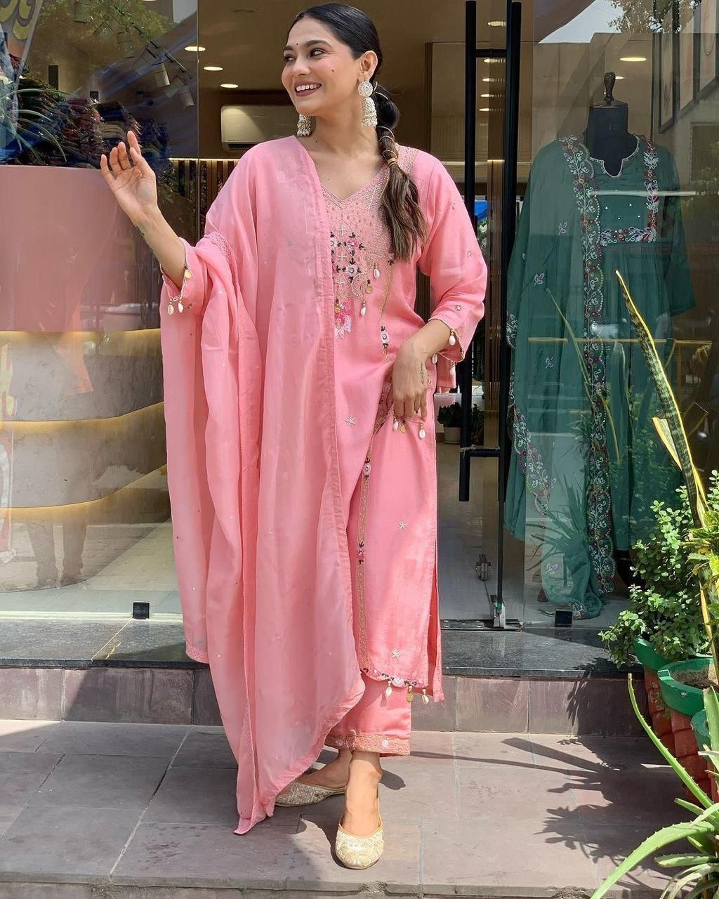 Mack for you Rayon Slab Straight Kurta with Pant & Dupatta Set Kodi Work