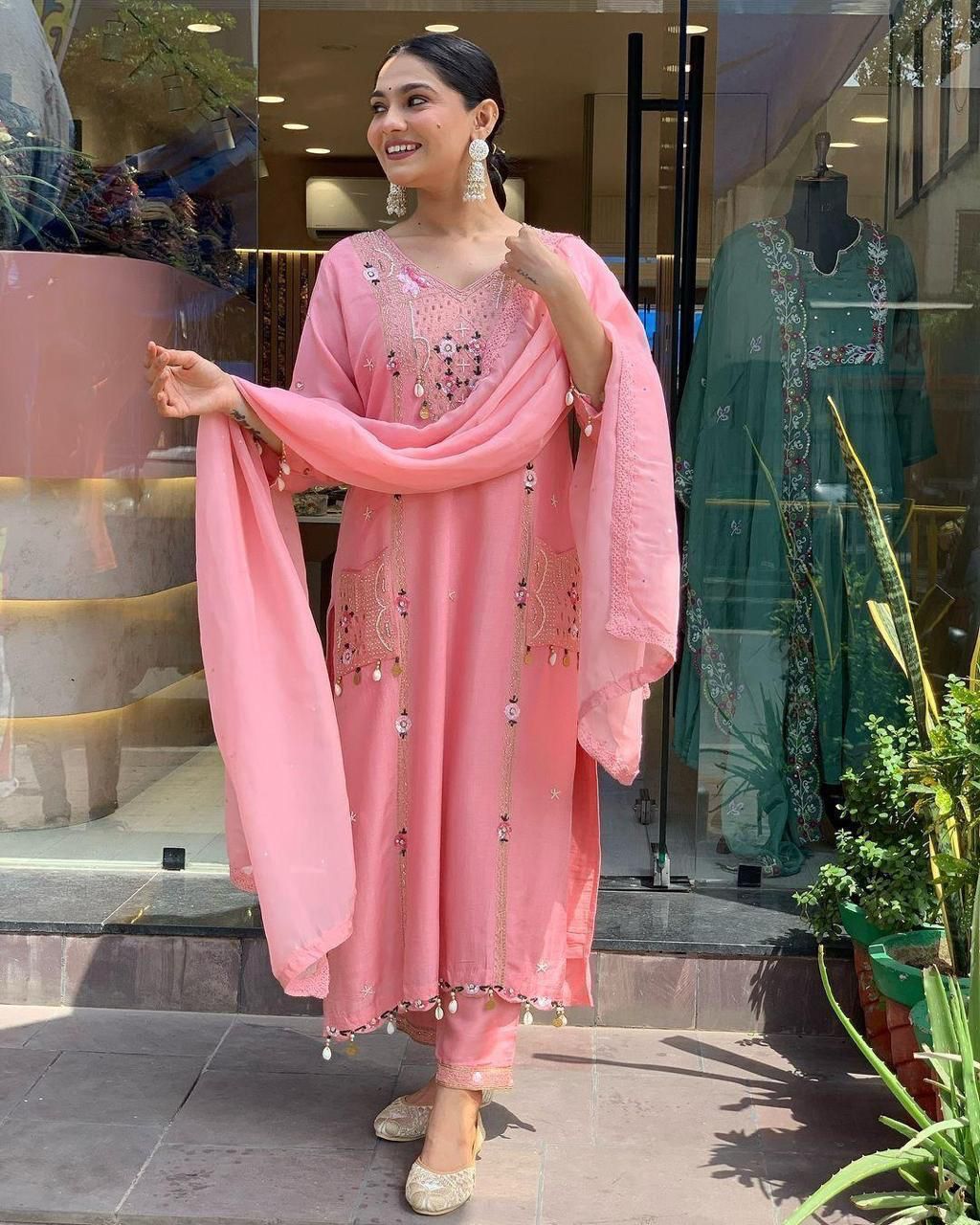 Mack for you Rayon Slab Straight Kurta with Pant & Dupatta Set Kodi Work